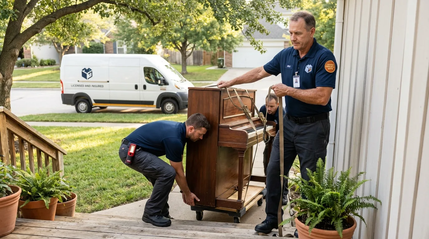 Licensed piano movers securing grand piano in Pine Bush, NY
