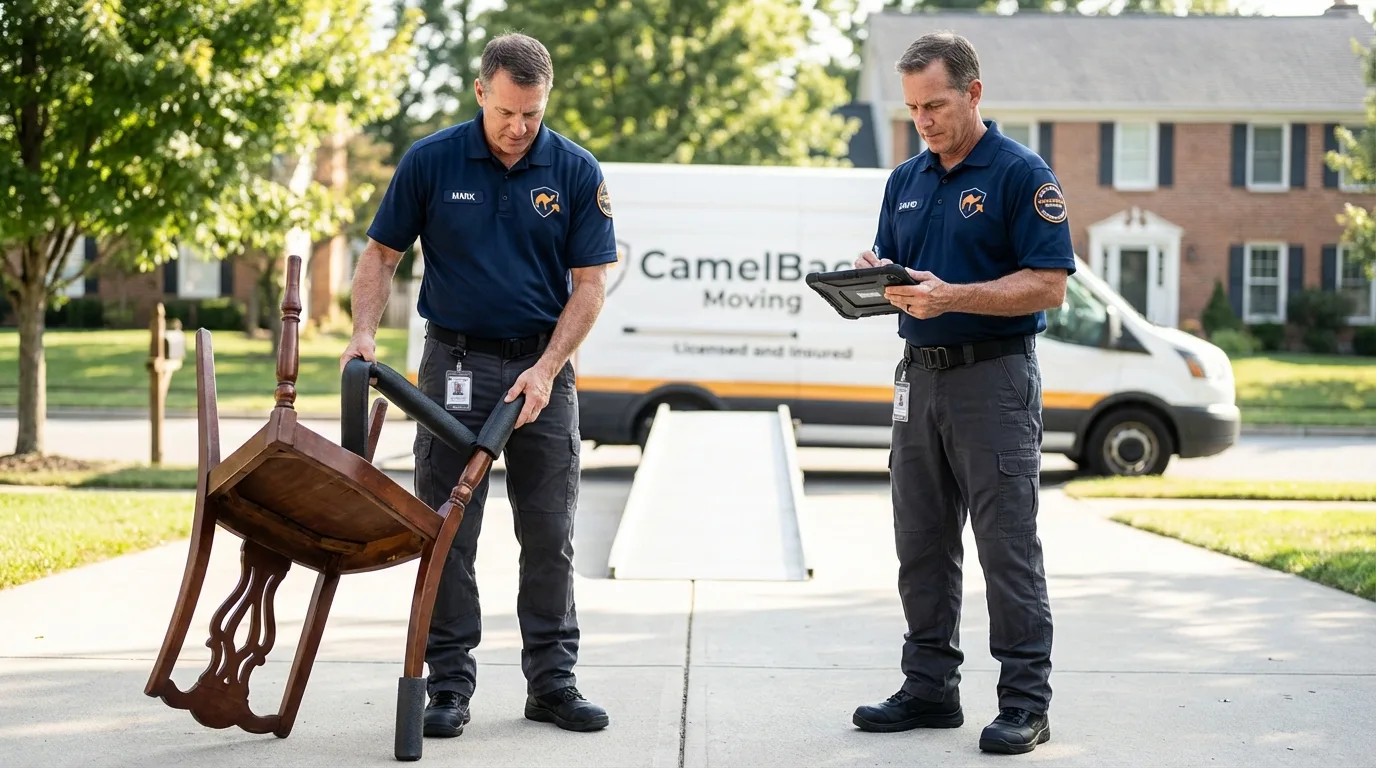 Movers inspecting furniture for damage prevention before loading in Pine Bush, NY