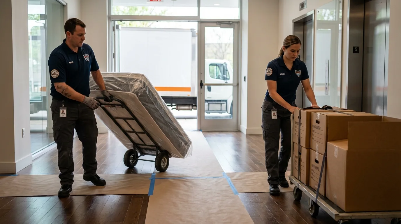 Professional apartment movers loading elevator in Pine Bush, NY