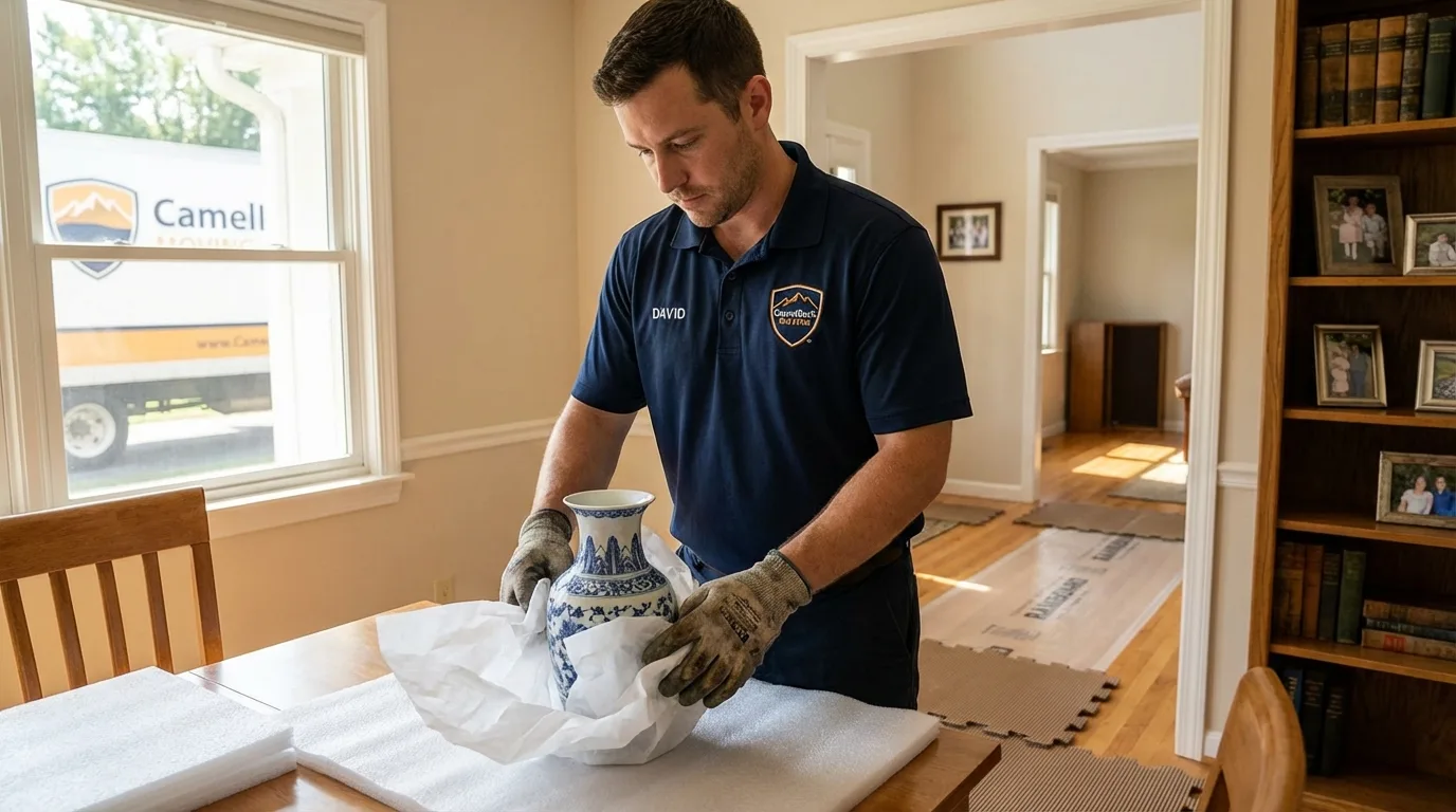 Professional crew carefully wrapping antique vase for senior downsizing move in Pine Bush, NY